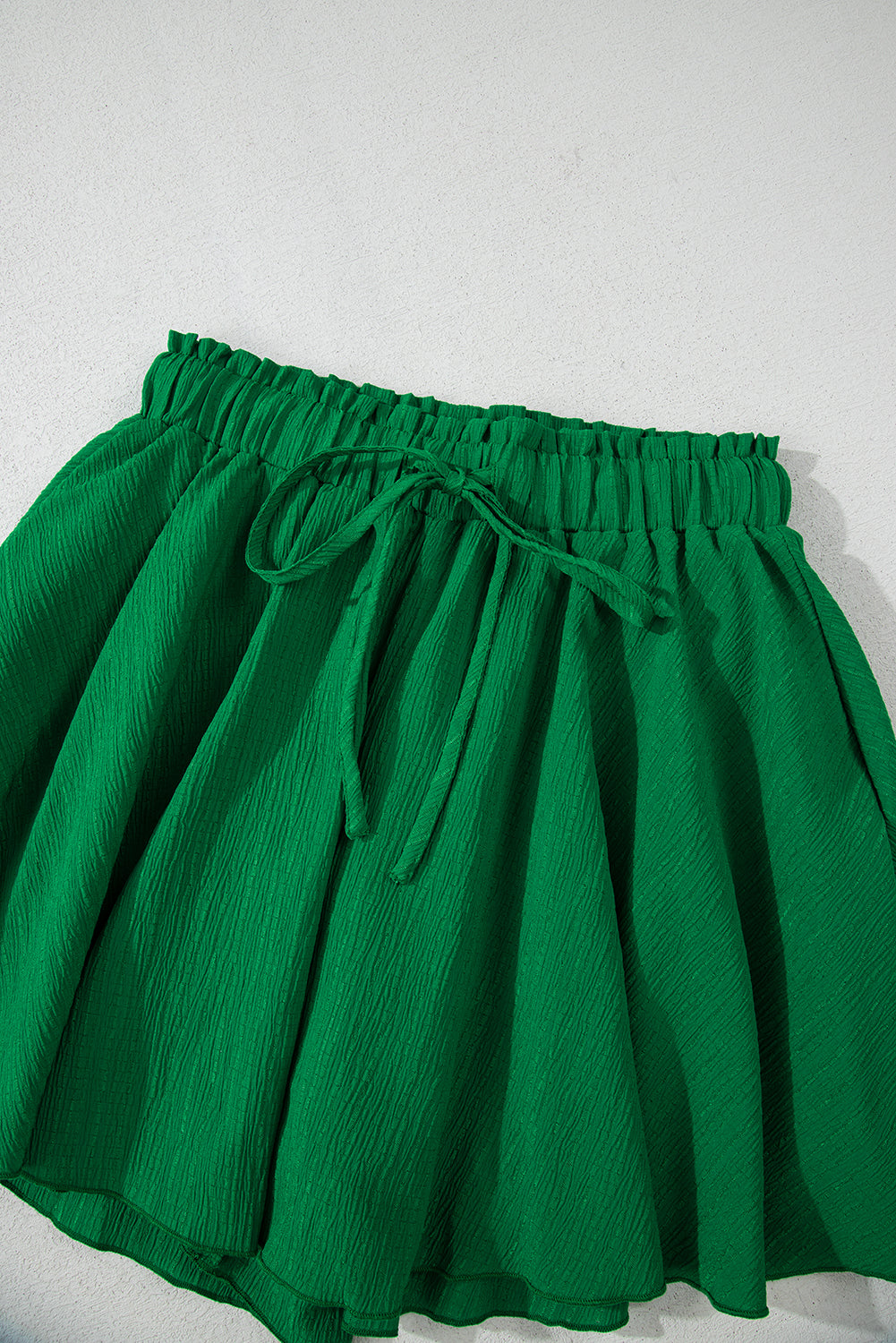 Dark Green Textured Frilled Lace-up High Waist Ruffle Wide Leg Shorts Casual Shorts JT's Designer Fashion