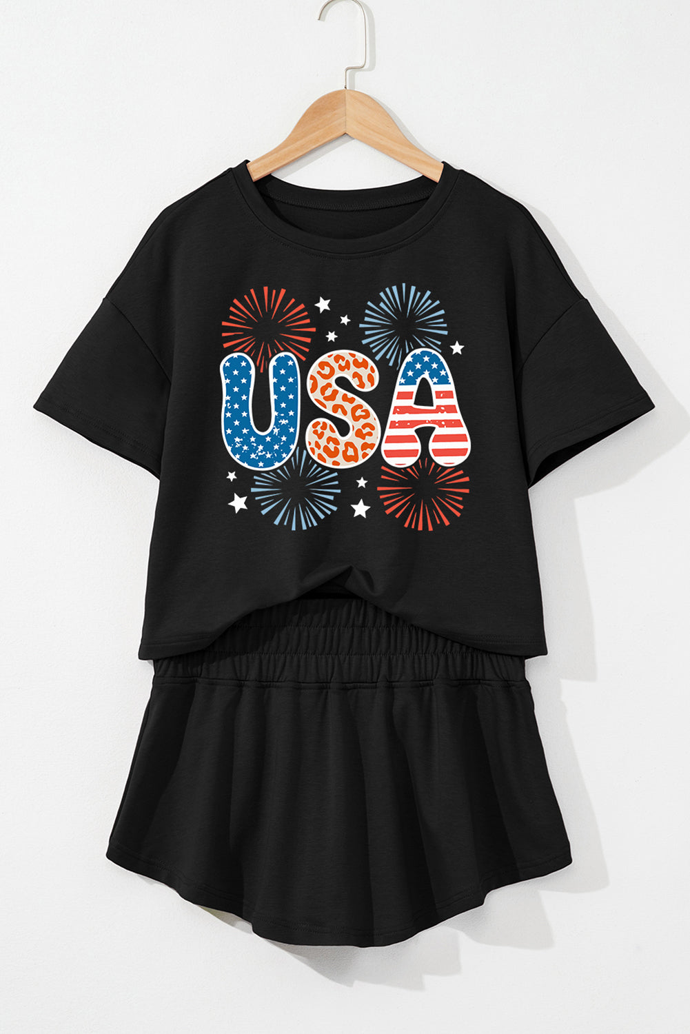 Black Firework USA Graphic Tee and Smocked Waistband Skort Set Graphic Sets JT's Designer Fashion