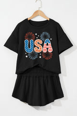 Black Firework USA Graphic Tee and Smocked Waistband Skort Set Graphic Sets JT's Designer Fashion