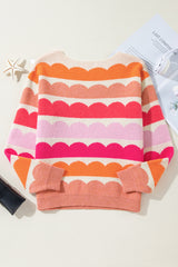 Rose Red Wave Striped Balloon Sleeve Drop Shoulder Sweater Sweaters JT's Designer Fashion