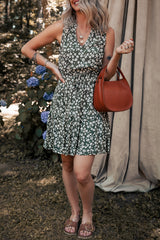 Green Boho Floral Print V Neck Tunic Sleeveless Dress Floral Dresses JT's Designer Fashion