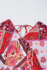 Rose Mixed Floral Long Sleeve V Neck Lace-up Hollowed Back Plus Size Dress Plus Size Mini Dresses JT's Designer Fashion