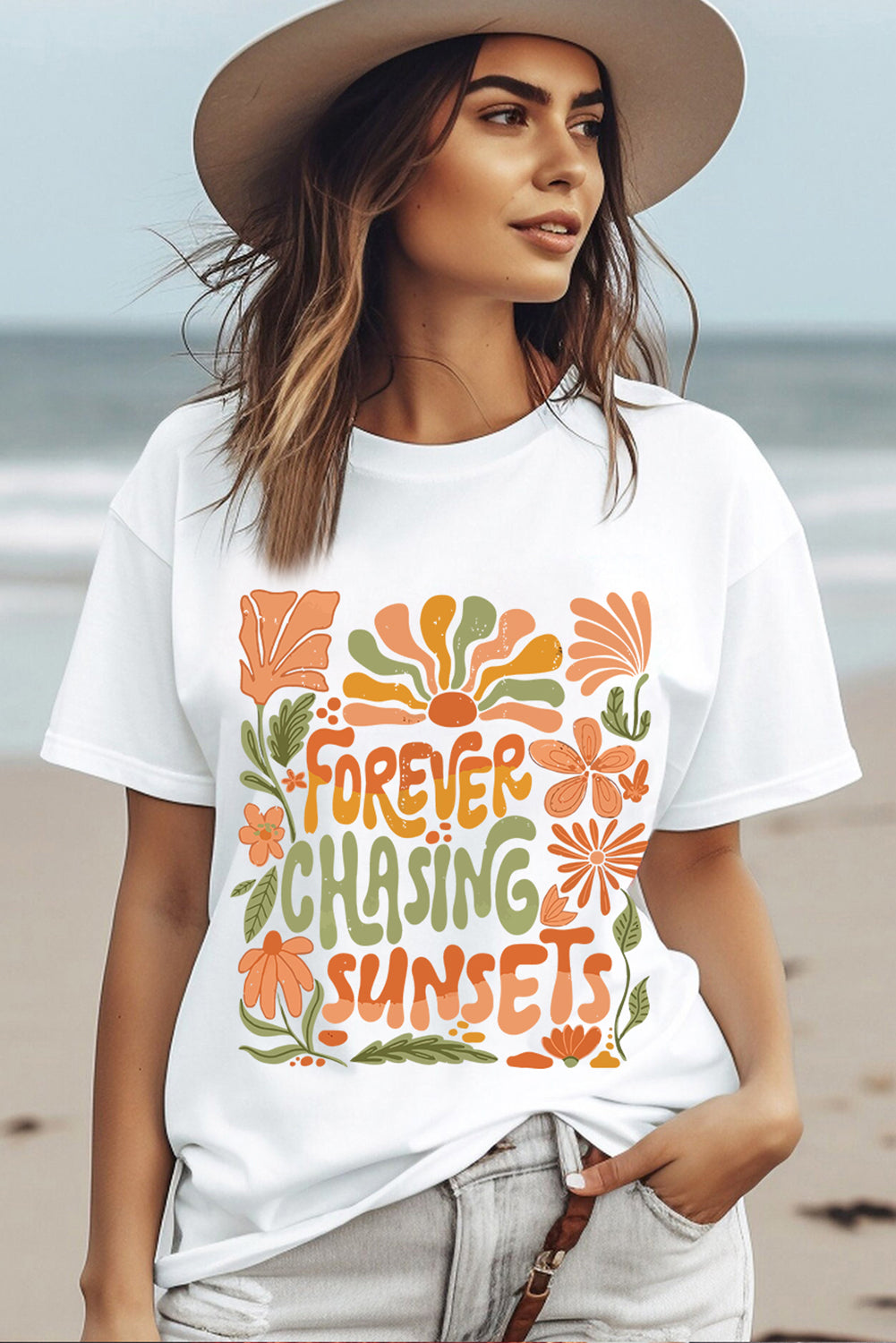 White FOREVER CHASING SUNSETS Floral Print T Shirt Graphic Tees JT's Designer Fashion