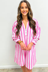 Rose Stripe Bracelet Sleeve Buttons Loose Mini Dress Mini Dresses JT's Designer Fashion