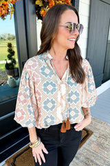 Khaki Geometric Print Tassel Tie Split Neck Balloon Sleeve Blouse Blouses & Shirts JT's Designer Fashion