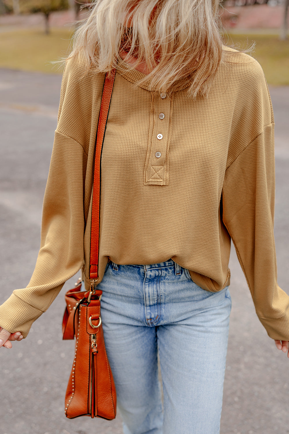 Camel Textured Knit Half Button Drop Shoulder Oversized Top Long Sleeve Tops JT's Designer Fashion