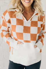 Gold Flame Checkered Split Neck Contrast Kangaroo Pocket Hooded Sweater Sweaters JT's Designer Fashion