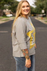 Medium Grey Floral Star Patched Pattern 3/4 Sleeve Plus Size Top Plus Size Tops & Tees JT's Designer Fashion