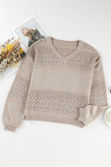 Brown Eyelet Pattern Detail V Neck Drop Shoulder Sweater Sweaters JT's Designer Fashion