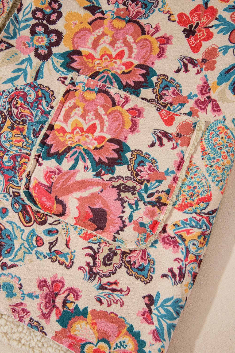 Beige Vintage Paisley Floral Printed Sherpa Lined Hooded Jacket Jackets JT's Designer Fashion