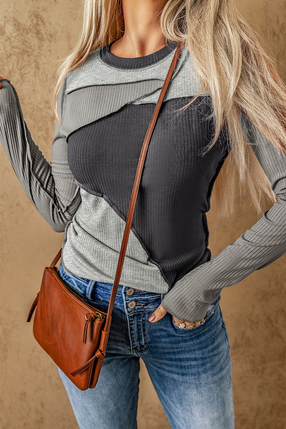 Gray Expose Seam Color Block Ribbed Knit Top Long Sleeve Tops JT's Designer Fashion