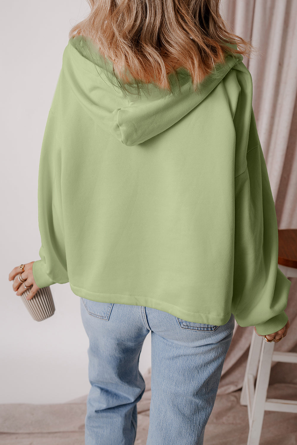 Smoke Green Fleece Lined Half Zipper Kangaroo Pockets Loose Hoodie Sweatshirts & Hoodies JT's Designer Fashion