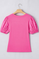 Bright Pink Ribbed Pearl Beaded Puff Sleeve Top Blouses & Shirts JT's Designer Fashion