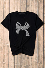 Black Rhinestone Bowknot Graphic Crewneck T Shirt Graphic Tees JT's Designer Fashion
