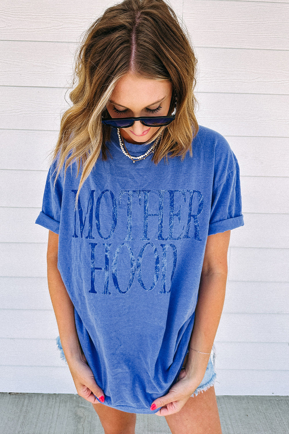 Sky Blue Vintage MOTHERHOOD Letter Graphic T Shirt Graphic Tees JT's Designer Fashion