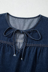 Sail Blue Puff Sleeve Lace-up Neckline Splicing Denim Blouse Blouses & Shirts JT's Designer Fashion