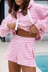 Pink Stripe Kangaroo Pocket Hoodie and Wide Leg Shorts Set Short Sets JT's Designer Fashion