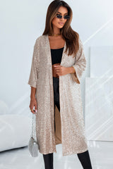 Apricot Sequin 3/4 Sleeve Open Front Duster Kimono Kimonos JT's Designer Fashion