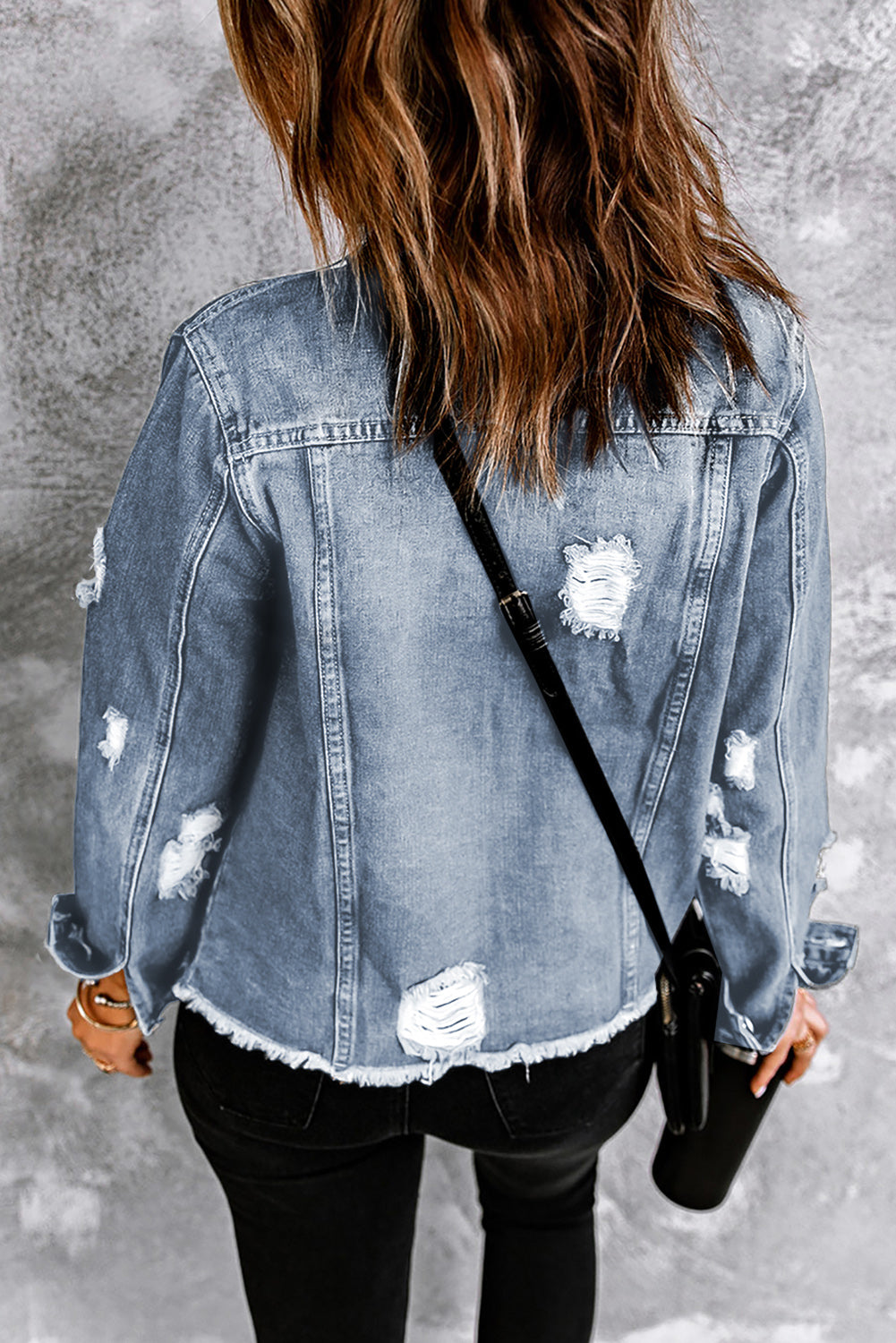 Sky Blue Lapel Distressed Raw Hem Buttons Denim Jacket Denim Jackets JT's Designer Fashion