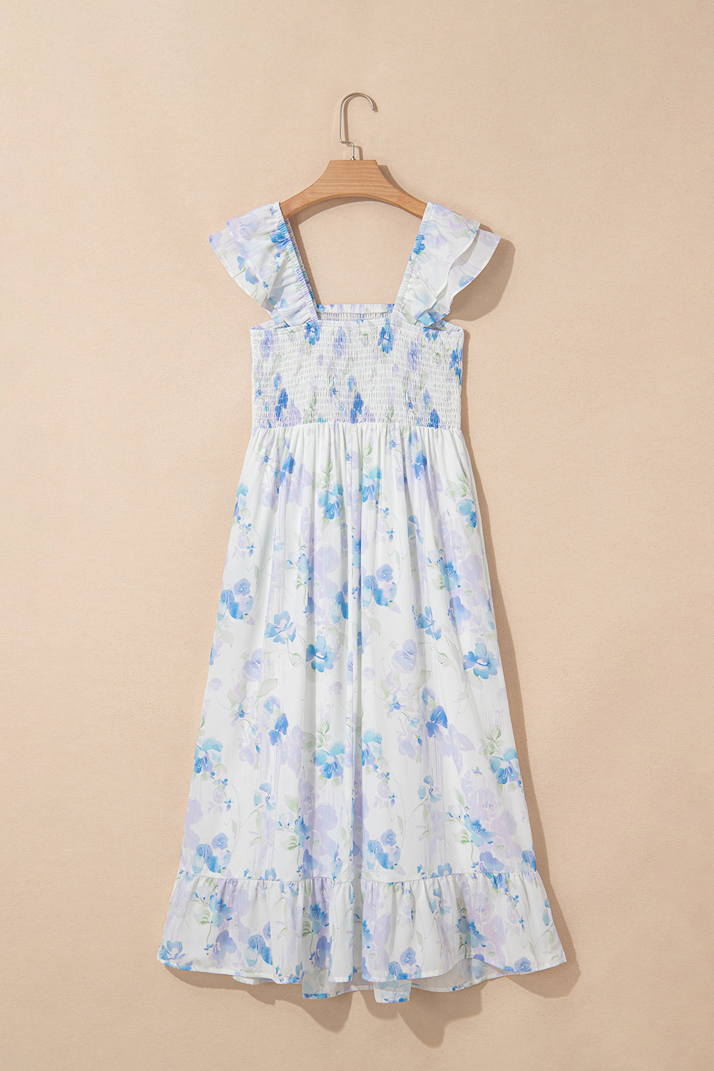Sky Blue Floral Smocked High Waist Double Ruffle Sleeveless Long Dress Maxi Dresses JT's Designer Fashion