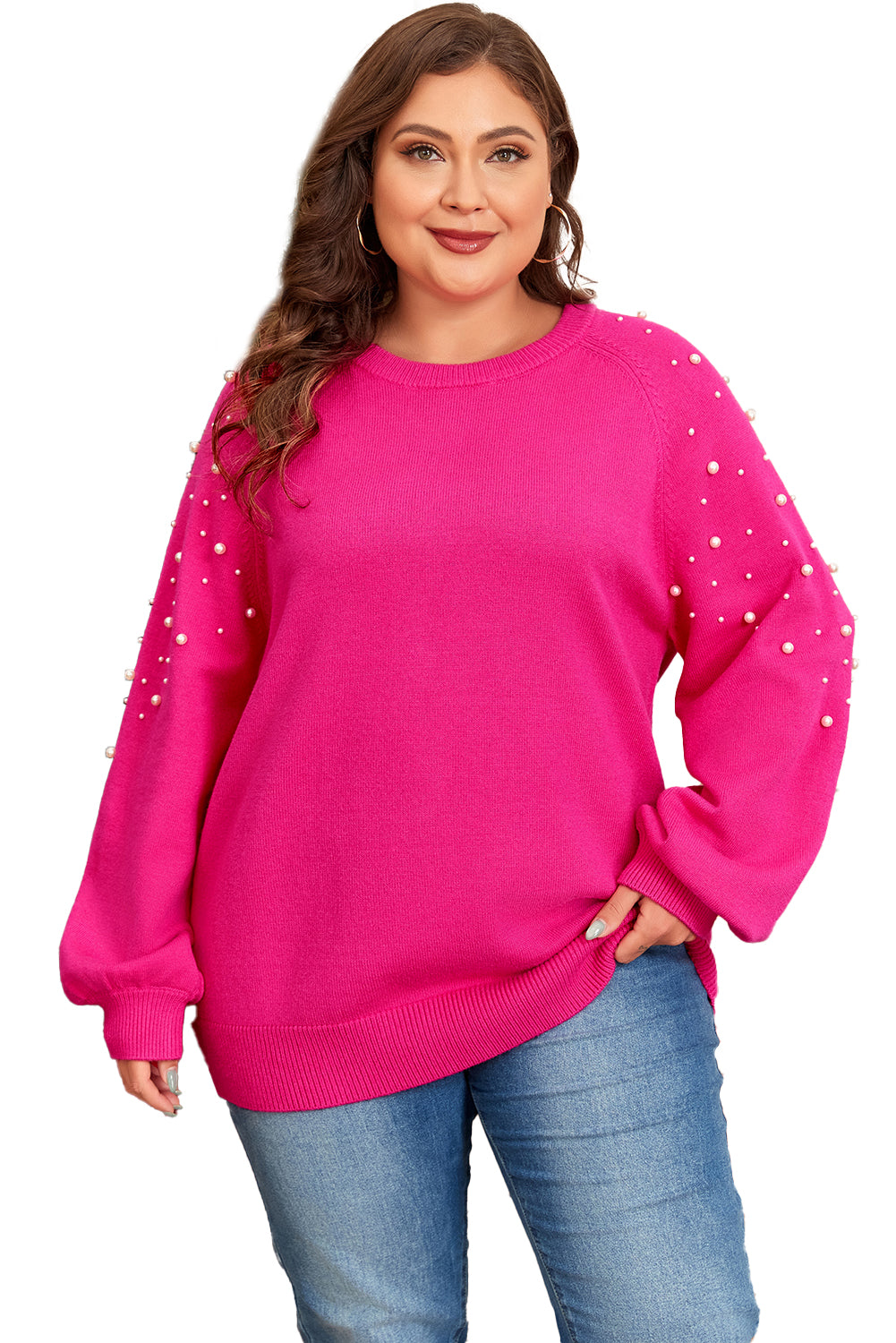 Strawberry Pink Pearled Decor Raglan Sleeve Plus Size Sweater Plus Size Sweaters & Cardigans JT's Designer Fashion