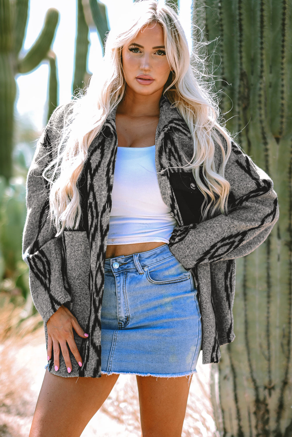 Gray Aztec Contrast Chest Pockets Loose Shacket Gray 100%Polyester Jackets JT's Designer Fashion