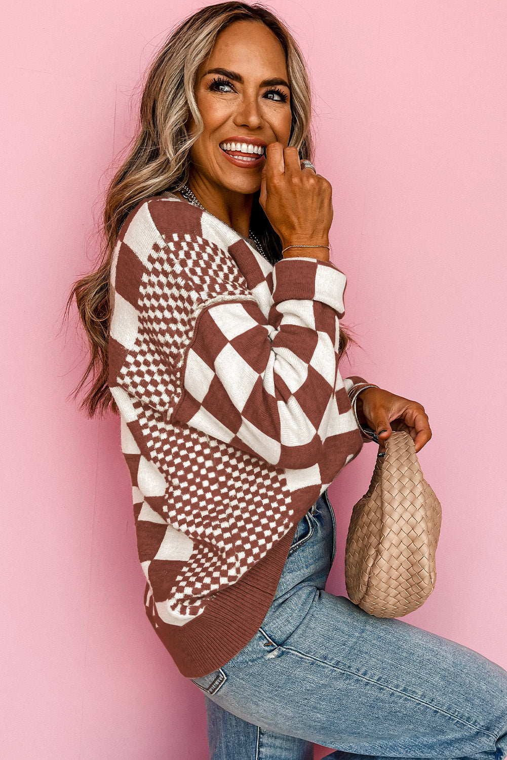 Brown Checkered Print Drop Shoulder Round Neck Sweater Sweaters JT's Designer Fashion