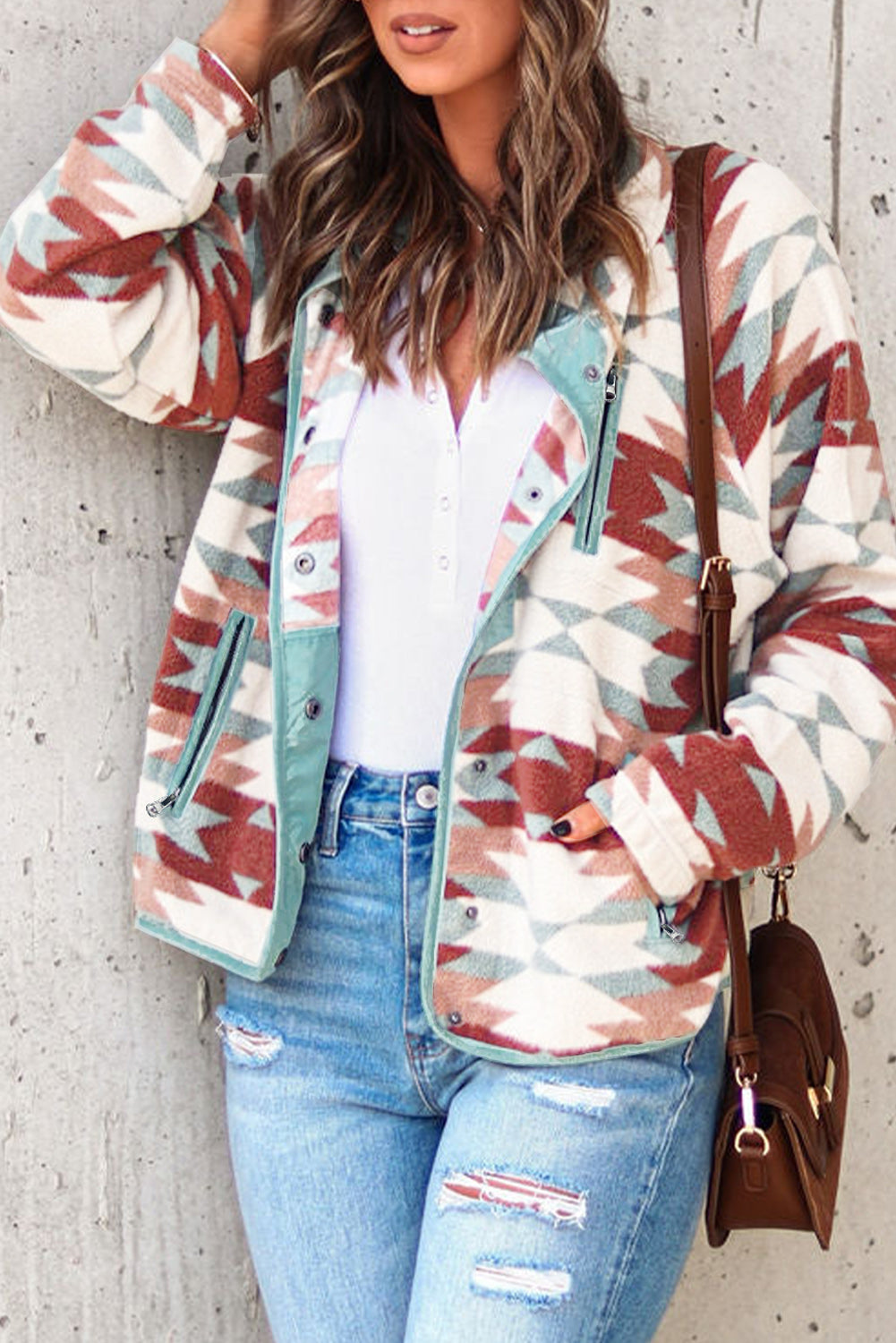 Fiery Red Western Aztec Buttoned Zipper Pockets Fleece Jacket Jackets JT's Designer Fashion