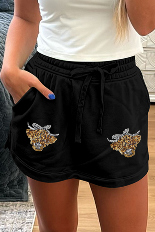 Black Sequin Heifer Patched French Terry Drawstring Skort Graphic Pants JT's Designer Fashion