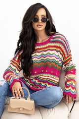 Rose Red Colorblock Striped Hollowed Knit Loose Sleeve Sweater Sweaters JT's Designer Fashion