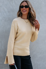 Parchment Solid Textured Knit Split Cuff Drop Shoulder Loose Sweater Sweaters JT's Designer Fashion