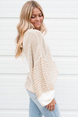 Oatmeal Mixed Pattern Knit Tie Keyhole Drop Shoulder Sweater Sweaters JT's Designer Fashion