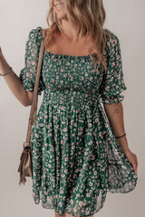 Green Smocked Square Neck Puff Short Sleeve Floral Dress Floral Dresses JT's Designer Fashion