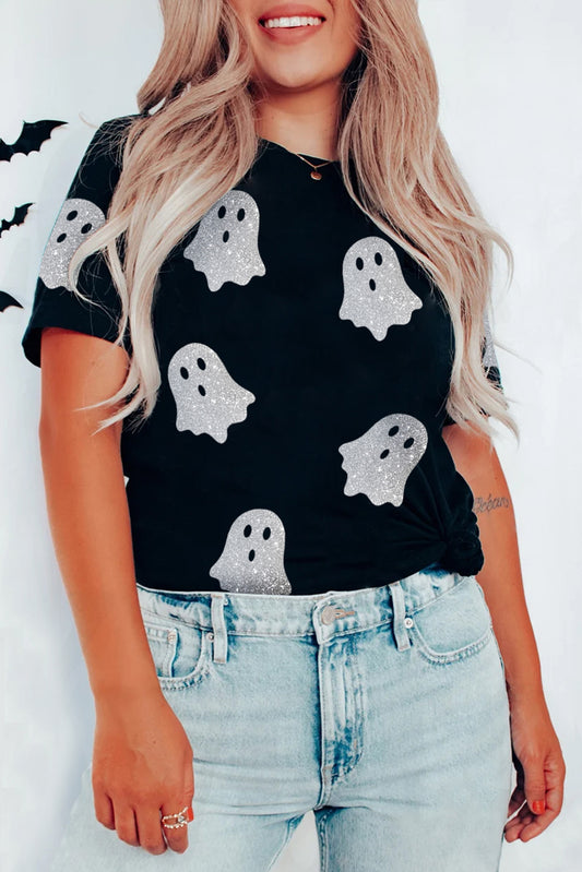 Black Glitter Ghost Pattern Crew Neck Halloween T Shirt Graphic Tees JT's Designer Fashion