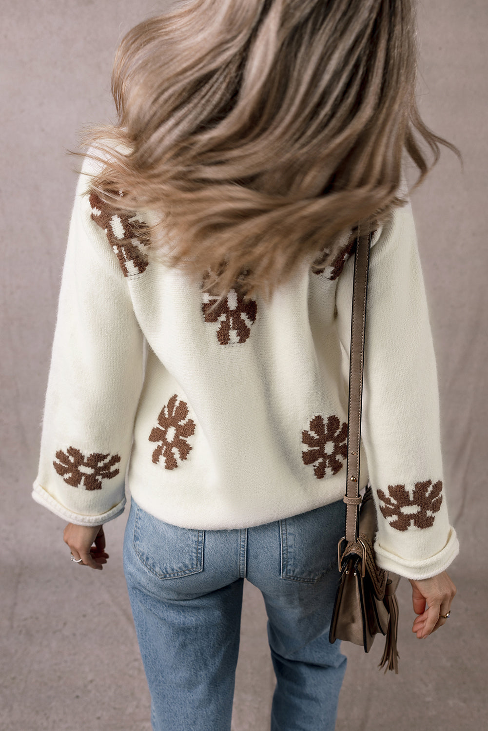 White Colorblock Floral Pattern Round Neck Sweater Sweaters JT's Designer Fashion