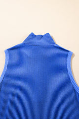 Sky Blue Corded Collared Half Zip Tank Top Two Piece Shorts Set Short Sets JT's Designer Fashion