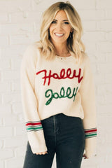 Beige Tinsel Holly Jolly Graphic Classic Sweater Sweaters JT's Designer Fashion
