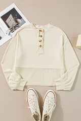 Apricot Corded Texture Lantern Sleeve Buttons Henley Sweatshirt Sweatshirts & Hoodies JT's Designer Fashion