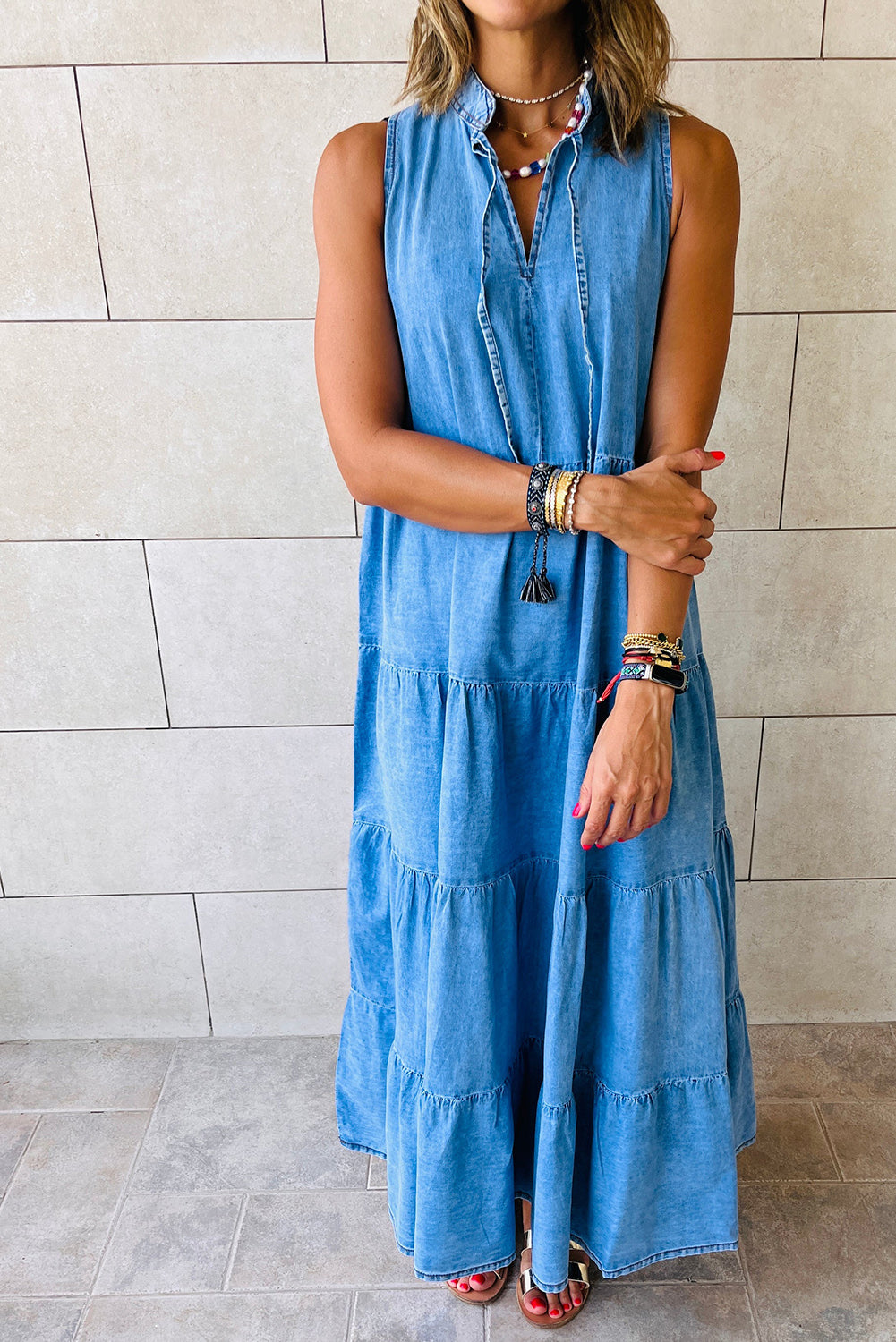 Blue Sleeveless Tiered Chambray Maxi Dress Dresses JT's Designer Fashion