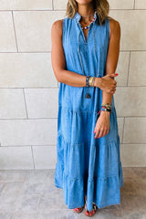 Blue Sleeveless Tiered Chambray Maxi Dress Dresses JT's Designer Fashion