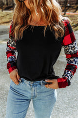 Black Off Shoulder Plaid&Leopard Print Long Sleeve Top Long Sleeve Tops JT's Designer Fashion