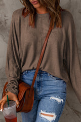 Brown Fiery Solid Color Patchwork Long Sleeve Top Long Sleeve Tops JT's Designer Fashion
