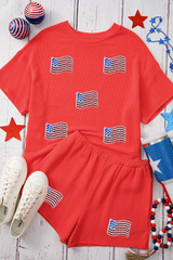 Orange Sequined American Flag Twisted Rib Texture 2pcs Short Set Graphic Sets JT's Designer Fashion