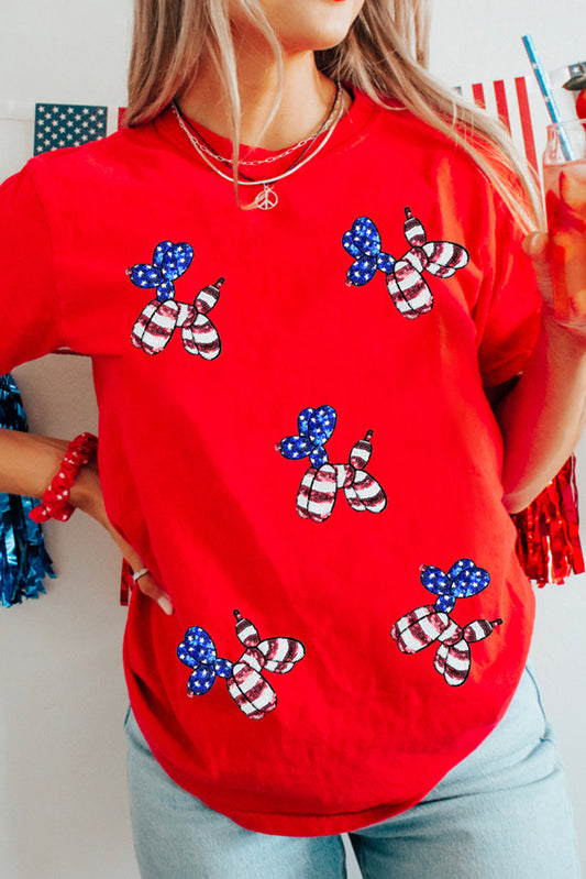 Red Sequin Stars and Stripes Balloon Puppy Graphic Crewneck Tee Graphic Tees JT's Designer Fashion