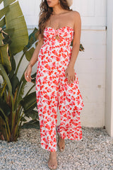 Pink Floral Print Twisted Bandeau Keyhole Pleated Wide Leg Jumpsuit Jumpsuits & Rompers JT's Designer Fashion