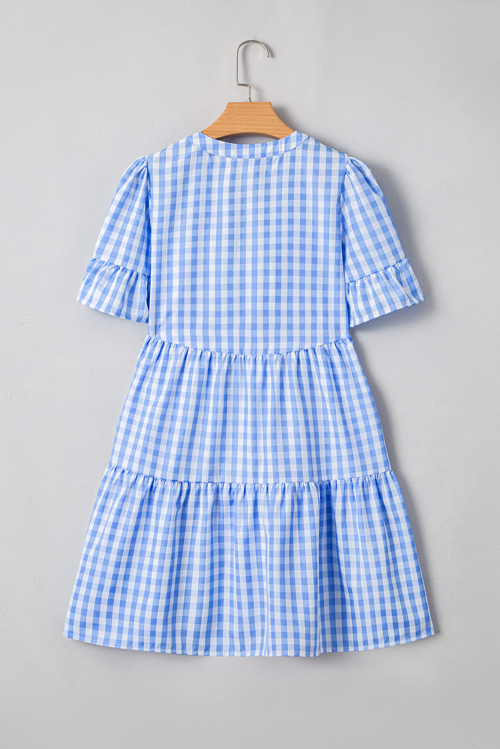 Sky Blue Gingham Short Sleeve Button Tie Split Neck Loose Mini Dress Mini Dresses JT's Designer Fashion