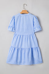 Sky Blue Gingham Short Sleeve Button Tie Split Neck Loose Mini Dress Mini Dresses JT's Designer Fashion