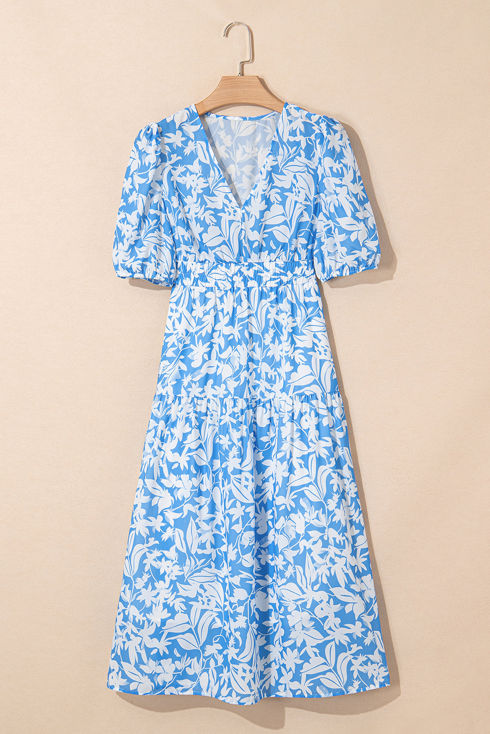 Sky Blue Floral V Neck Puff Short Sleeve Flowy Long Dress Maxi Dresses JT's Designer Fashion