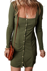 Guacamole Green Rib Knit Square Neck Buttoned Long Sleeve Mini Dress Mini Dresses JT's Designer Fashion