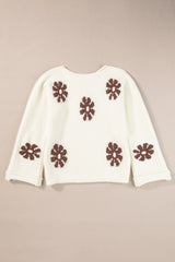 White Colorblock Floral Pattern Round Neck Sweater Sweaters JT's Designer Fashion